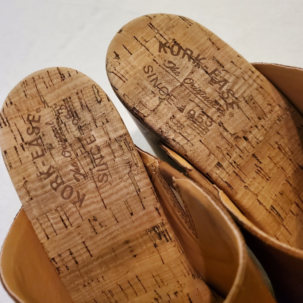 KORK-EASE Danika Wood Grain Cork Cognac Leather Platform Slide-On Sandals SZ 11 - Picture 6 of 11